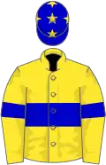 Yellow, blue hoop and armlets, blue cap, yellow stars