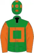 Green, orange hollow box and sleeves, green cap, orange spots