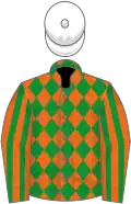 Orange and green diamonds, striped sleeves, white cap