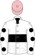 White, black hoop, white sleeves, black spots, pink cap