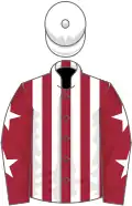 Maroon and white stripes, maroon sleeves, white stars, white cap
