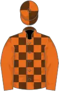Brown and orange check, orange sleeves, quartered cap