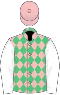 Pink and emerald green diamonds, white sleeves, pink cap