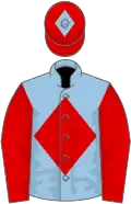 Light blue, red diamond and sleeves, red cap, light blue diamond