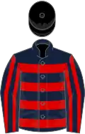 Dark Blue, Red hoops, striped sleeves, Black cap