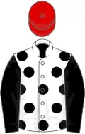 White, black spots and sleeves, red cap