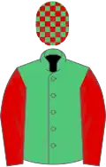 Emerald green, red sleeves, check cap