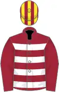 MAROON and WHITE HOOPS, maroon sleeves, maroon and yellow striped cap