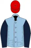 Light blue, dark blue sleeves, red cap