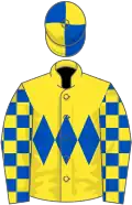 Yellow, royal blue triple diamond, royal blue and yellow check sleeves, quartered cap