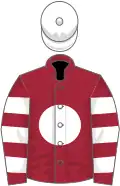 Maroon, white disc, hooped sleeves, white cap
