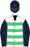 White, emerald green hoops, dark blue sleeves and cap