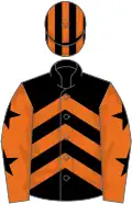 Black and orange chevrons, orange sleeves, black stars, black and orange striped cap