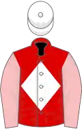 Red, white diamond, pink sleeves, white cap