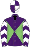 Purple and light green diabolo, white and purple chevrons on sleeves, quartered cap