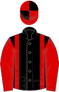 Black, red braces and sleeves, red and black quartered cap
