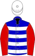 Blue and white hoops, red sleeves, white cap