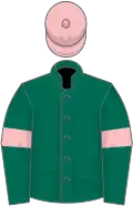 Dark green, pink armlets and cap
