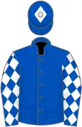 Blue, white diamonds on sleeves, blue cap, white diamond