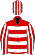 Red and white hoops, striped sleeves and cap