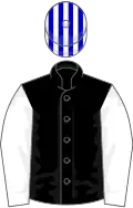 Black, white sleeves, blue and white striped cap