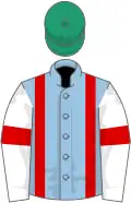 LIGHT BLUE, RED braces, WHITE sleeves, RED armlets, EMERALD GREEN cap