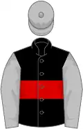 Black, red hoop, silver sleeves and cap
