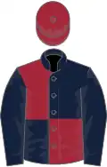 Dark blue and maroon (quartered), dark blue sleeves, maroon cap