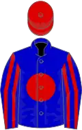 Blue, red disc, striped sleeves, red cap