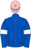 Royal blue, white armlets, pink cap
