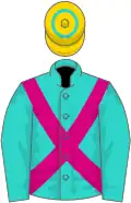 Turquoise, cerise cross-belts, gold cap, turquoise hoop