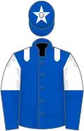 Royal blue, white epaulets, white and royal blue halved sleeves, royal blue cap, white star