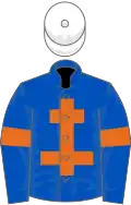 Royal blue, orange cross of lorraine and armlets, white cap