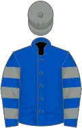 Royal blue, grey hooped sleeves, grey cap