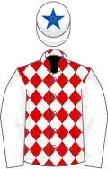 Red and white diamonds, white sleeves, white cap, royal blue star