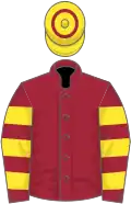 Maroon, yellow hooped sleeves, yellow cap, maroon hoop