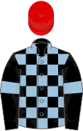 Black and light blue check, black sleeves, light blue armlets, red cap