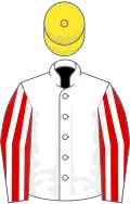 White, red and white striped sleeves, yellow cap