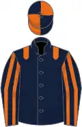 Dark blue, orange epaulets, striped sleeves, quartered cap