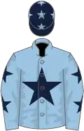 Light blue, dark blue star, light blue sleeves, dark blue stars, dark blue cap, light blue stars