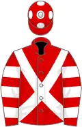 Red, white cross sashes, hooped sleeves, red cap, white spots