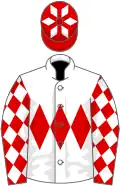 White, red triple diamond, red sleeves, white diamonds and cap