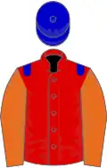 Red, blue epaulets, orange sleeves, blue cap