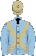 Light blue, beige cross belts, beige cap
