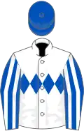 White, Royal Blue triple diamond, Royal Blue and White striped sleeves, Royal Blue cap