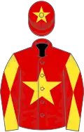Red, yellow star, yellow and red diabolo on sleeves, red cap, yellow star