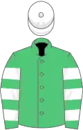 Emerald green, white hooped sleeves, white cap