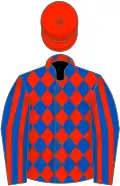 Royal blue and scarlet diamonds, striped sleeves, scarlet cap