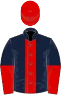 DARK BLUE, RED stripe, halved sleeves, EMERALD GREEN cap