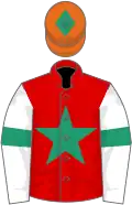 Red, emerald green star, white sleeves, emerald green armlets, orange cap, emerald green diamond